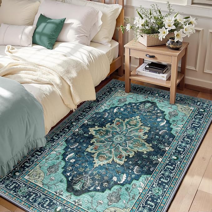 RELEANY Area Rugs 3'x5' Washable Non-Slip, Floral Vintage Distress Medallion Carpet for Living Room Bedroom Dining Room, Teal Green Lake Blue Turquoise