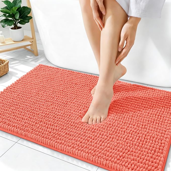 OLANLY Thick Bathroom Rugs 36x24, Extra Soft Absorbent Chenille Bath Rugs, Rubber Backing, Machine Wash Dry, Bath Mats for Bathroom Floor, Tub and Shower, Home Decor Accessories, Coral