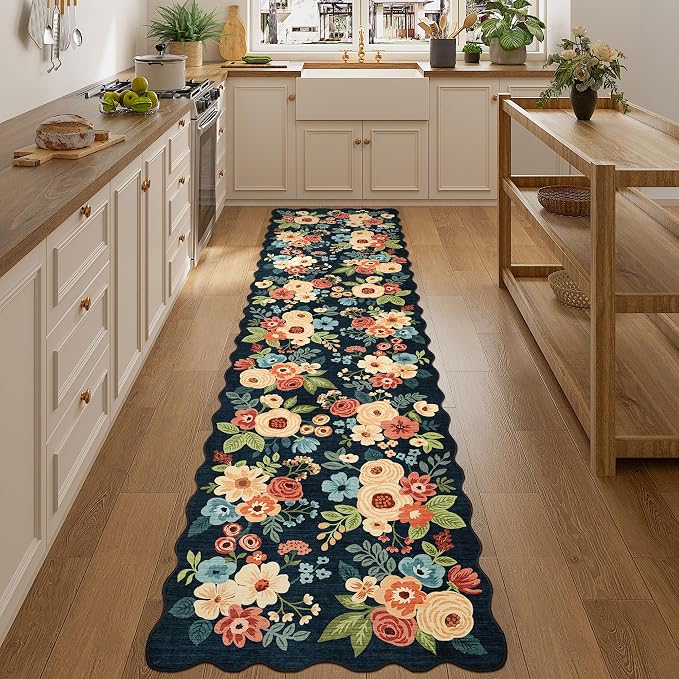 DUKINO 2.6x10 Runner Rug for Hallway, Lightweight Washable Floral Kitchen Rug with Non Shedding, Soft Low Pile & Non Slip Backing Boho Runner for Entryway, Bathroom, Laundry, Bedroom, Navy Blue