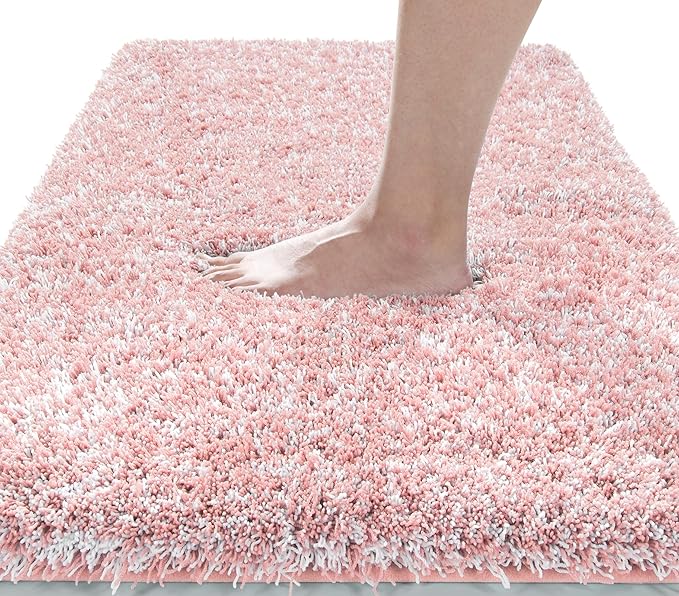 Yimobra Luxury Bathroom Rugs, Fluffy Bath Mats, Non Slip, Water Absorbent Microfiber, Machine Washable, Plush Carpet Shower Rugs, Thick Matts for Bathroom Floor&Tub, 44" X 24", Light Pink and White