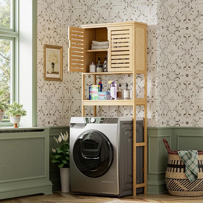 SMIBUY Bathroom Over The Toilet Storage Cabinet, 2 Door Bamboo Cabinet Organizer, Freestanding Space Saver Toilet Rack with Adjustable Inside Shelf and Open Shelf (Natural)