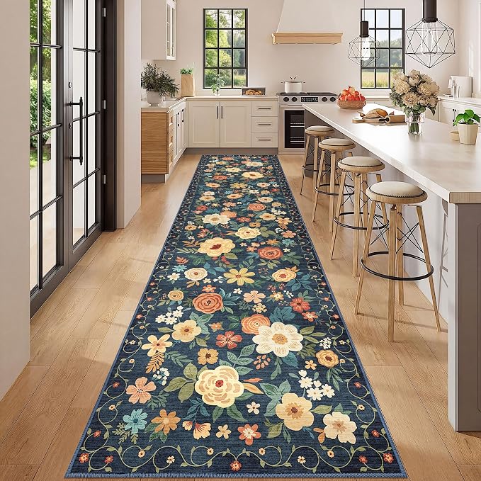 DUKINO 3x12 Washable Runner Rug, Non Slip Soft Floral Hallway Runner Rug with Non Shedding Design, Low Pile Loog Floor Carpet for Kitchen, Hallway, Bathroom, Entryway, Laundry, Navy Blue