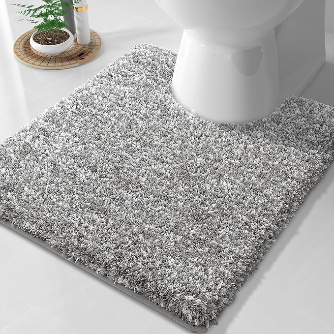 Yimobra Fluffy Toilet Rugs U Shaped, Shaggy Soft Comfortable Non Slip, Water Absorbent Microfiber Bath Mat, Dries Quickly, Machine Washable Thick Bathroom Floor Rugs, 24"x 20", Light Gray and White