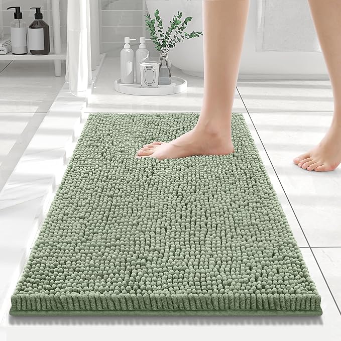 Smiry Luxury Chenille Bathroom Rugs 24x16, Extra Soft and Absorbent Shaggy Bath Mat, Machine Washable, Non-Slip Plush Carpet Runner for Tub, Shower, and Floor, Home Decor Accessories, Sage Green
