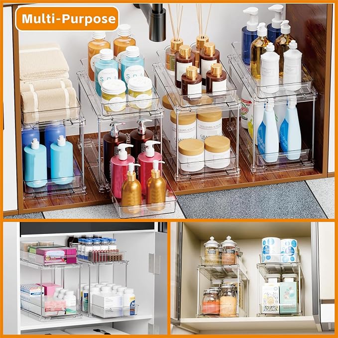 Yieach 2 Pack 10.6″ High Pull Out Medicine Cabinet Organizer for Vitamin,Pill Bottle and Supplement,2 Tier Slide out Under the Sink Organizer,Bathroom Vanity Storage and Cupboard Undersink Organizers