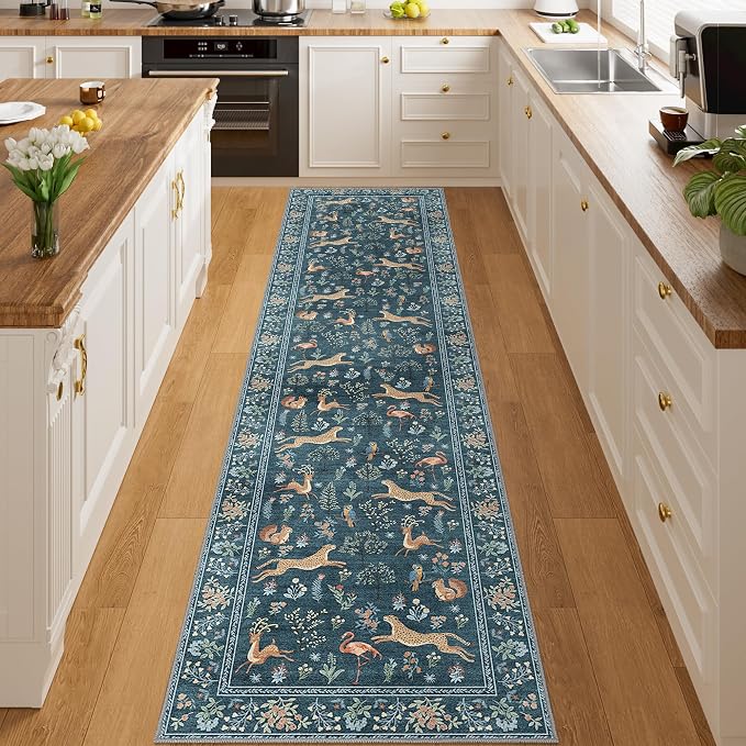 DUKINO Runner Rug, 2x8 Washable Kitchen Rugs for Hallways with Non Slip Backing, Soft Low Pile Vintage Animal Runner for Kitchen, Hallway, Entryway, Laundry, Bedroom, Blue