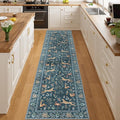 DUKINO Runner Rug, 2x8 Washable Kitchen Rugs for Hallways with Non Slip Backing, Soft Low Pile Vintage Animal Runner for Kitchen, Hallway, Entryway, Laundry, Bedroom, Blue