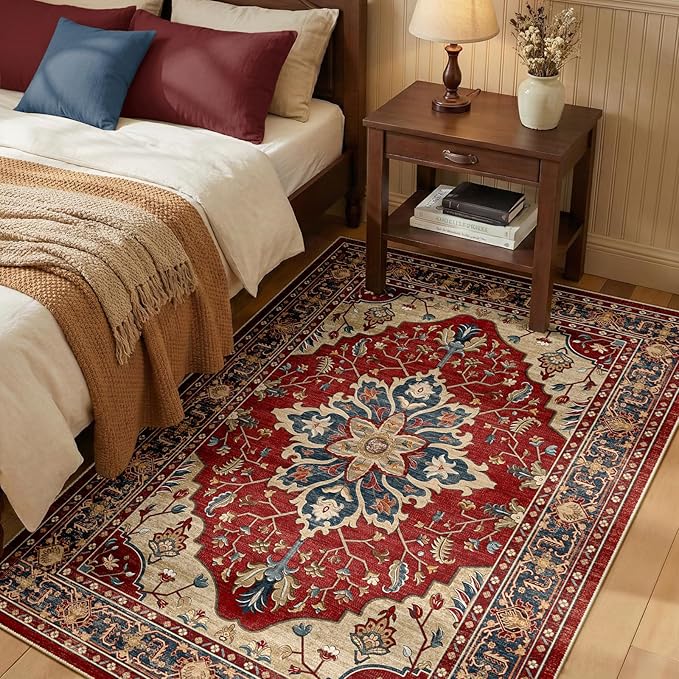 RELEANY Area Rugs 3'x5' Washable Non-Slip, Floral Vintage Distress Medallion Carpet for Living Room Bedroom Dining Room, Red Blue