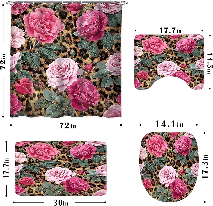 4 PCS Leopard Print Flower Shower Curtain Set 72Wx72H,Toilet Lid Cover,Non-Slip Rugs and U-Shaped Mat, Pink Cheetah Bathroom Sets with Rugs Shower Accessories 12 Hooks for Bathroom Decor