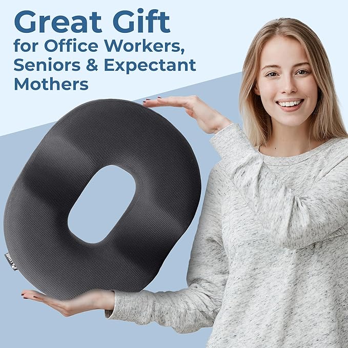 5 STARS UNITED Donut Pillow for Tailbone Pain & Hemorrhoids – Large Memory Foam Seat Cushion for Bed Sore-Prone Areas & Pressure Relief – Prostate, Postpartum & Pregnancy Support, Gray Mesh Cover