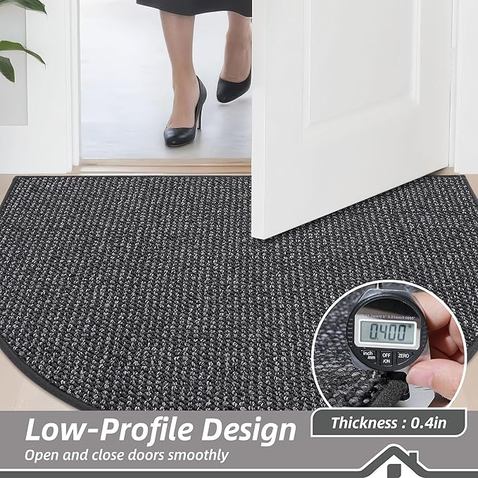 BEQHAUSE Dirt Trapper Door Mat 17" x 30" Half Circle Non-Slip Washable Doormats Entrance Rugs Absorbent Welcome Low Profile Floor Mats for Front Back Door and Entryway, Charcoal