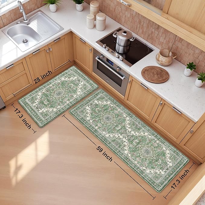 Boho Kitchen Mats for Floor 2 Piece Set Anti Fatigue Cushioned PVC Kitchen Rugs Non Slip Waterproof Farmhouse Mats 2/5 Inch Comfort Standing Mat for Sink, Laundry, 17.3"x59"+17.3"x28", Spring Green