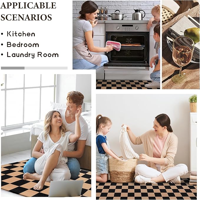 Black Brown Checkered Grid Checkerboard Kitchen Rug Sets [2 PCs], Anti-Fatigue, Waterproof Non-Slip Kitchen Mats Heavy Duty Comfort Foam Rug for Kitchen, Floor, Home, Laundry,17"x29"+17"x47"