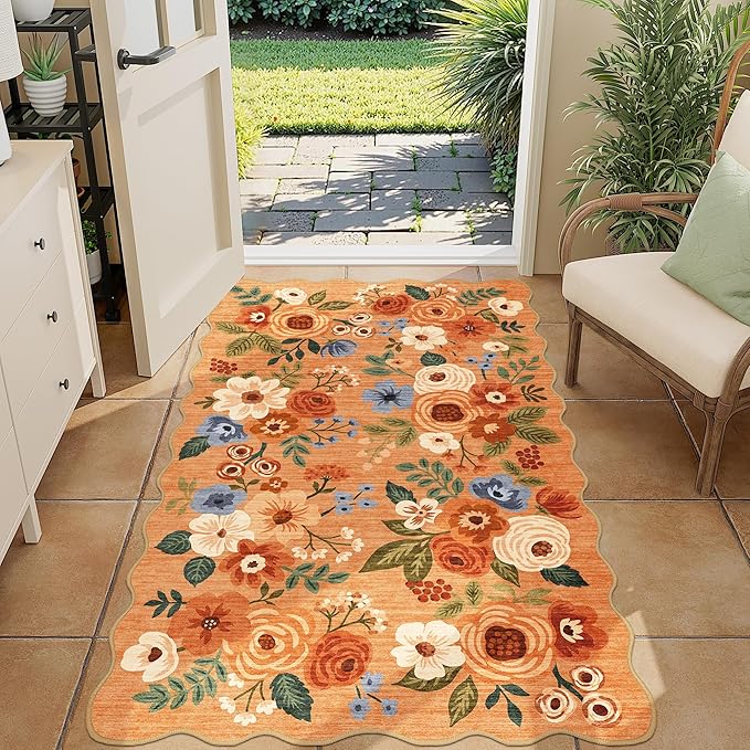 DUKINO 3x5 Area Rug, Floral Non-Slip Indoor Washable Rug with Low Pile & Non-Shedding, Lightwight Boho Design Carpet for Entryway, Bedroom, Kids Room, Living Room, Kitchen, Orange