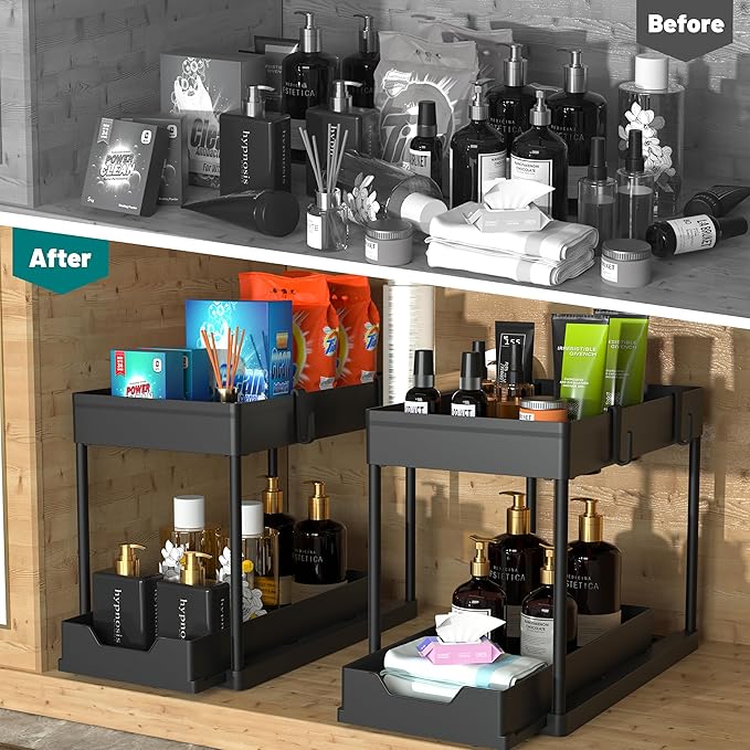 Under Sink Organizer -2 PACK|Pull Out Bathroom Organizer|2 Tier Slide Out Bathroom/Kitchen Organiers and Storage. (2 PACK Normal)
