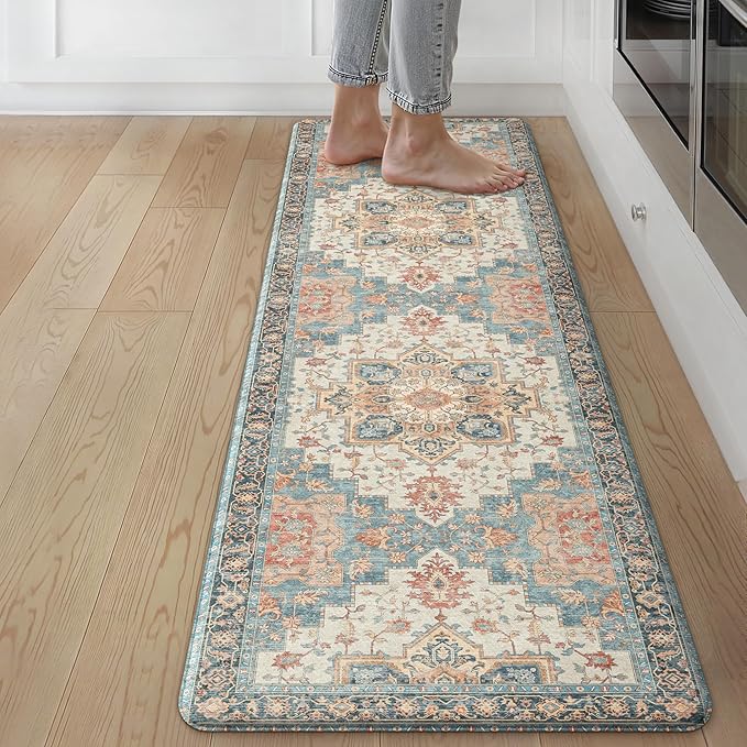 GENIMO Kitchen Mats for Floor, Washable Anti Fatigue Mat for Cushioned, 17.3"x59", Waterproof Kitchen Rugs, Non Slip Foam Comfort Standing Mat Rug for Home, Runner, Sink, Laundry, Blue&Salmon