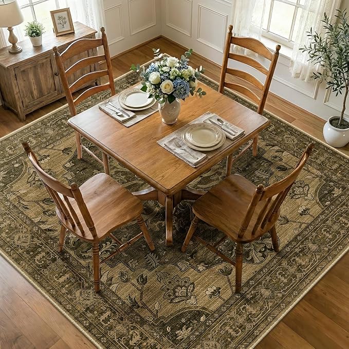 RELEANY Area Rugs Square 8ft Washable Non-Slip, Floral Vintage Distress Medallion Carpet for Living Room Bedroom Dining Room, Brown Dark Brown