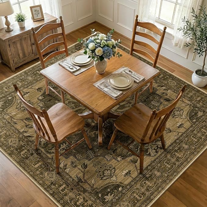 RELEANY Area Rugs Square 7ft Washable Non-Slip, Floral Vintage Distress Medallion Carpet for Living Room Bedroom Dining Room, Brown Dark Brown