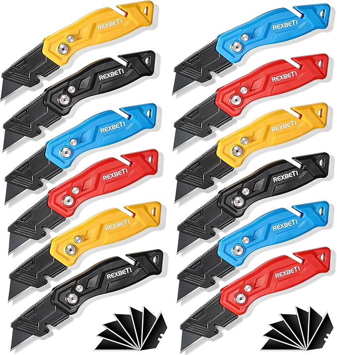 REXBETI Folding Pocket Utility Knife Quick-change SK2 Box Cutter for Cartons, Cardboard and Boxes, Back-lock Mechanism with 20 Extra Blades (12 folding utility knife)