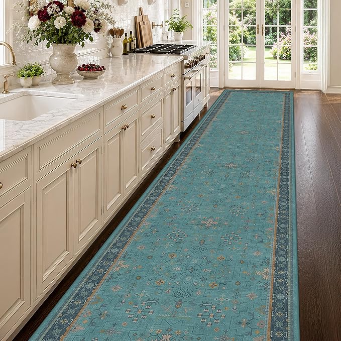 Vintage 3x12 Long Hallway Runner Rug - Teal Boho 3x12 Kitchen Floor Mat, Low Pile Thin Carpet for Bedroom Bedside, Washable Modern Eclectic Boho Design Décor