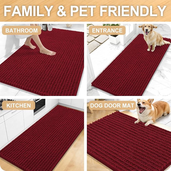 OLANLY Bathroom Rug Mat 59x35, Thick Soft and Absorbent Chenille Bath Mat, Non-Slip Rubber Backing, Machine Washable Quick Dry Bath Rugs for Tub Shower Floor, Home Decor Accessories, Burgundy