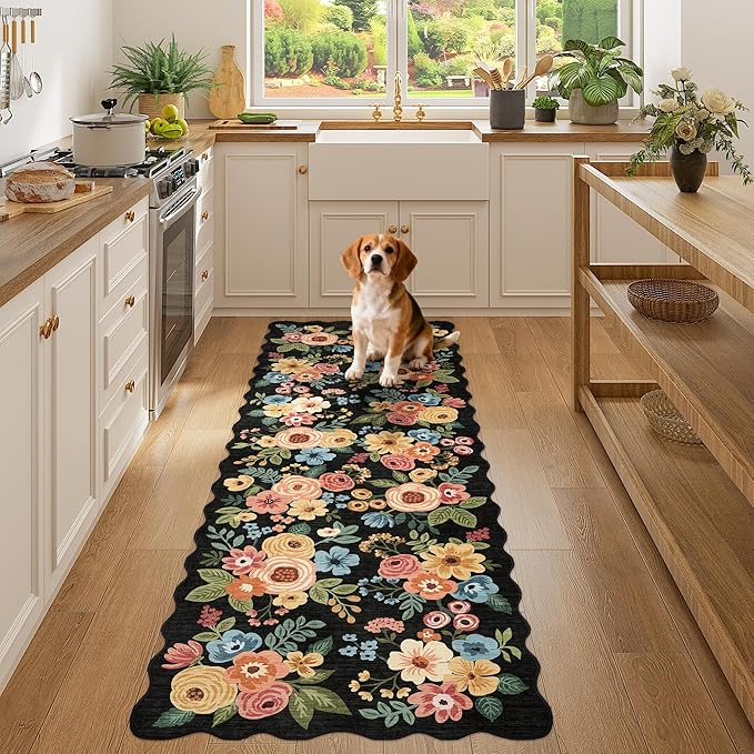 DUKINO 2x6 Runner Rug for Hallway, Washable Kitchen Rug with Non Slip Backing & Non-Shediing, Soft Low Pile Floral Design Runner for Bedroom, Kithchen, Living Room, Laundry, Bathroom, Black