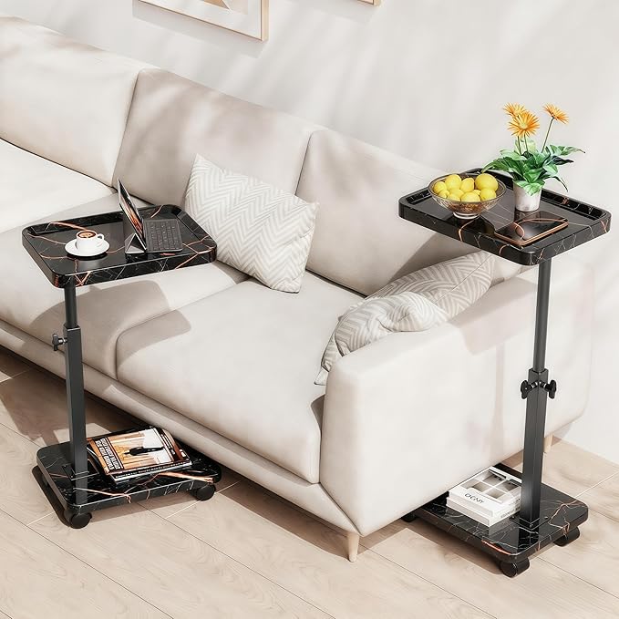 C Table End Table Adjustable Height, 360°Swivel TV Tray Table for Small Spaces, Side Tables with Wheels for Living Room and Bedroom, Bed (Black-15.7 x 11.8 inches)