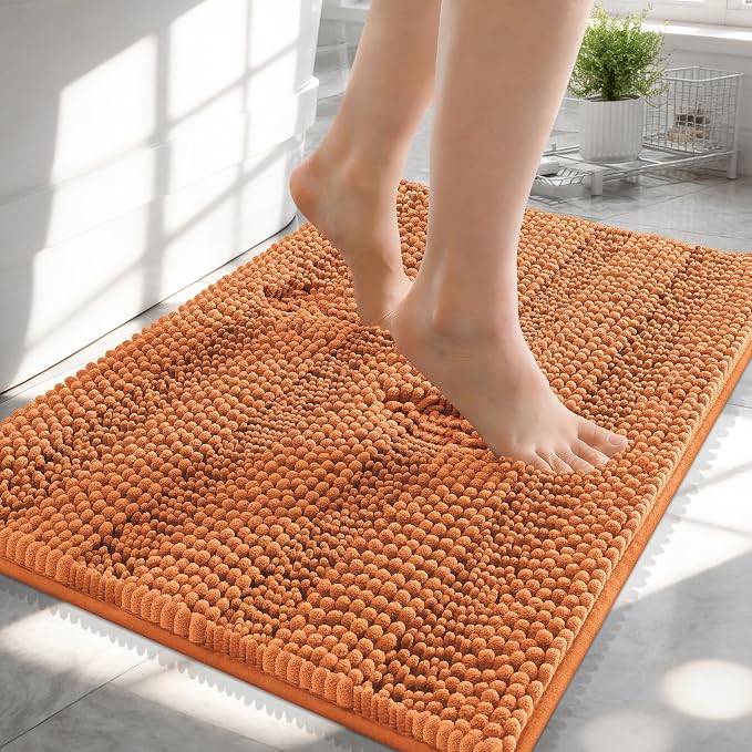 OLANLY Thick Small Bathroom Rugs 24x16, Extra Soft Absorbent Chenille Striped Bath Rugs, Rubber Backing, Machine Wash, Bath Mats for Bathroom Floor, Tub and Shower, Home Decor Accessories, Clay