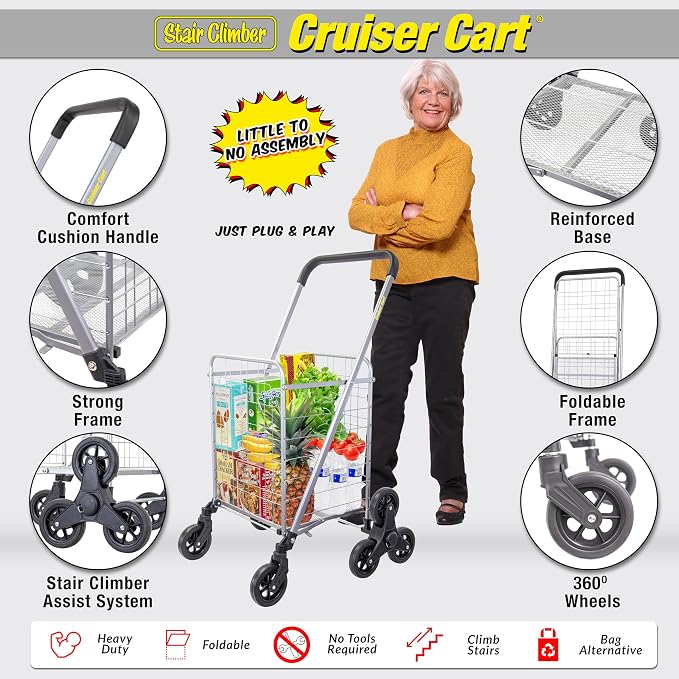 dbest Products Stair Climber Cruiser Cart Shopping Grocery Rolling Folding Laundry Basket on Wheels Foldable Utility Trolley Compact Lightweight Collapsible, Silver