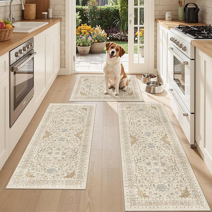 Madane Washable Kitchen Rug Set of 3, Small Area Rug Non-Slip Vintage Entryway Door Mat Indoor Entrance, Low Pile Floor Carpet Runner for Inside Front Door Entry Laundry (2x3+2x4+2x5, Beige/Blue)