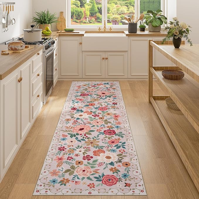 DUKINO Runner Rug, 2x7 Boho Kitchen Rug for Hallways with Low Pile Design, Washable Non Slip Backing Soft Floral Runner for Kitchen, Hallway, Entryway, Bedroom, Laundry, Beige