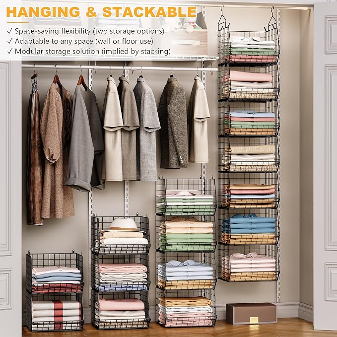 X-cosrack 7 Tier Foldable Hanging Closet Organizer and Storage,Wire Closet Shelving with 4 Large Hooks+ 5 S Hooks,Hanging Basket for Clothes Sweaters Shoes Handbags,Small Closet Organizers