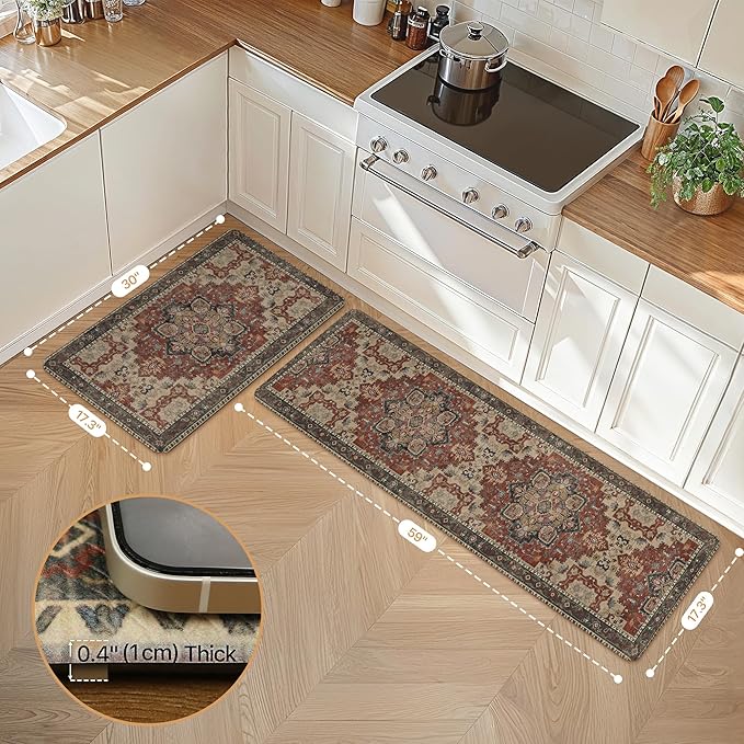 GENIMO Kitchen Mats for Floor 2PCs, Washable Anti Fatigue Mat for Cushioned, 17.3"x59"+17.3"x30", Waterproof Kitchen Rugs, Non Slip Comfort Standing Mat Rug for Home, Sink, Laundry, Bordeaux