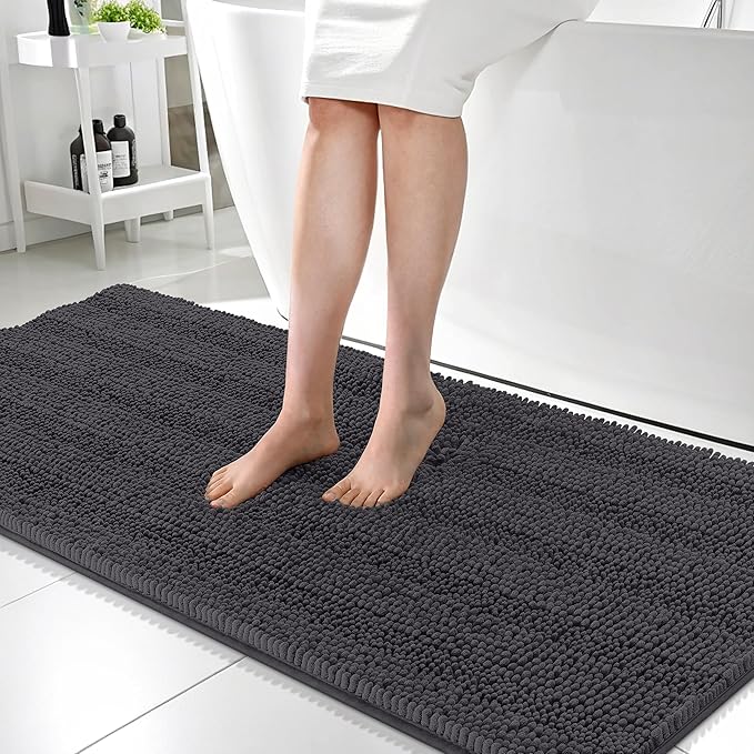 OLANLY Thick Bathroom Runner Rugs 59x24, Absorbent Chenille Striped Bath Rugs, Rubber Backing, Machine Wash, Extra Long Bath Mats for Bathroom Floor, Tub and Shower, Home Decor Accessories, Dark Grey