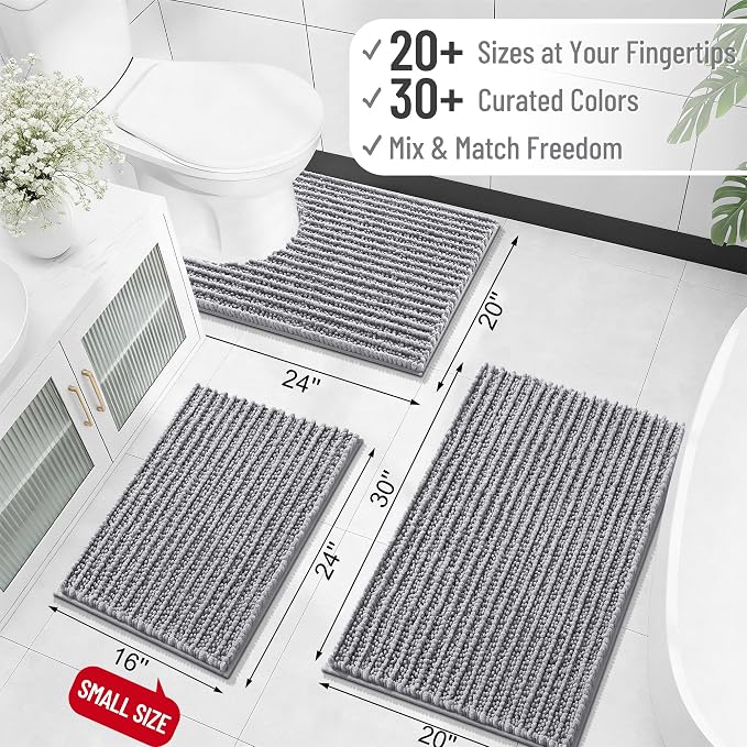 OLANLY Long Bathroom Rugs Runner 47x17, Thick Soft and Absorbent Chenille Bath Mat, Non-Slip, Machine Washable Quick Dry Bath Rugs for Tub Shower Floor, Home Decor Accessories, Grey