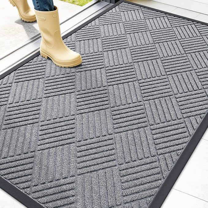 OLANLY Front Door Mat Outside Entrance 47x32, Absorbent, Heavy Duty Sturdy Natural Rubber Doormat Indoor Outdoor, Stain Fade Resistant, Non-Slip Low Profile Floor Mat Entryway, Charcoal Gray Diamond