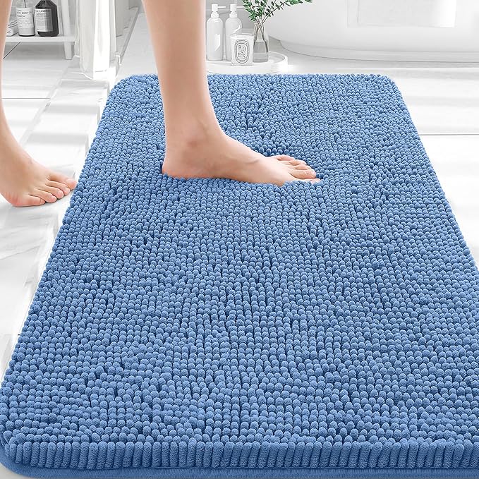 OLANLY Bathroom Rugs 30x18, Extra Soft Absorbent Chenille Bath Rugs, Rubber Backing Quick Dry, Machine Washable Bath Mats for Bathroom Floor, Tub and Shower, Home Decor Accessories, Cornflower Blue