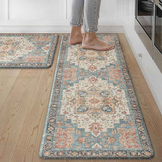 GENIMO Kitchen Mats for Floor 2PCs, Washable Anti Fatigue Mat for Cushioned, 17.3"x47"+17.3"x30", Waterproof Kitchen Rugs, Non Slip Comfort Standing Mat Rug for Home, Sink, Laundry, Blue&Salmon