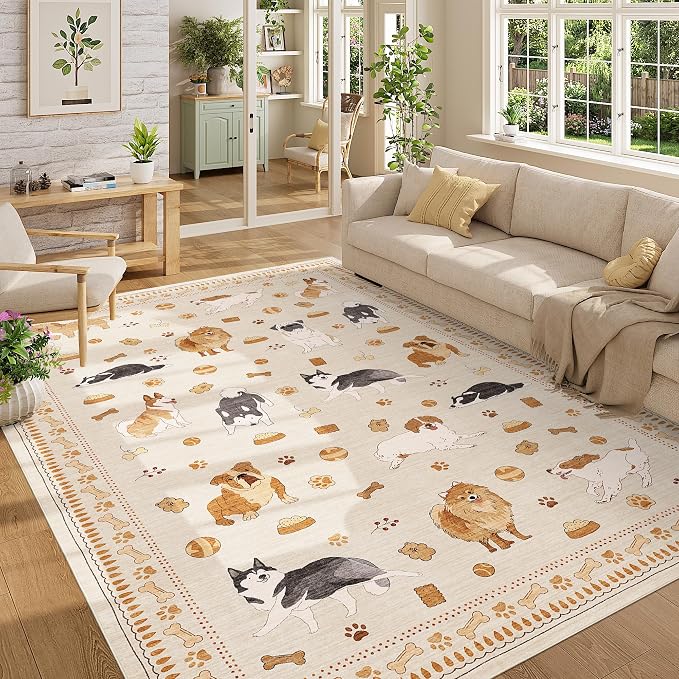 DUKINO 6x9 Rug for Living Room, Lightweight Animal Dog Print Washable Area Rug, Non Slip & Low Pile Floor Mat, Stain Resistant Large Carpet for Bedroom, Nursery, Farmhouse, Kids Playroom, Beige Yellow