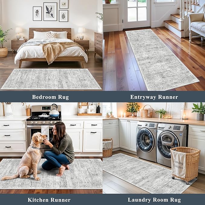 Washable Kitchen Rugs Sets of 4, Non Slip Standing Mat Rug, Stain Resistant Waterproof Kitchen Mats for Floor Kitchen Sink Laundry Entryway (Grey Ivory, 2x3+2x4+2x5+2x6)