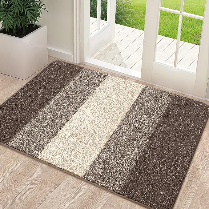 Kitinjoy Indoor Outdoor Door Mat, 48x32 Non-Slip Absorbent Dirt Trapper, Low-Profile Washable Inside Entrance Front Floor Mat, Sturdy Soft Entry Doormats for Entryway, Light Brown