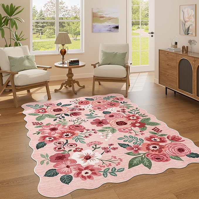 DUKINO 4x6 Area Rug, Floral Non-Slip Indoor Washable Rug with Low Pile & Non-Shedding, Lightwight Boho Design Carpet for Entryway, Bedroom, Kids Room, Living Room, Kitchen, Pink