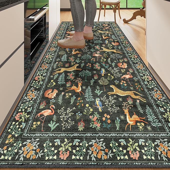 DUKINO 3x6 Washable Runner Rug, Low Pile Animal Print Non Slip Runner Rug for Kitchen, Lightweight & Non Shedding Indoor Carpet for Hallway, Kitchen, Entryway, Bathroom, Laundry, Black