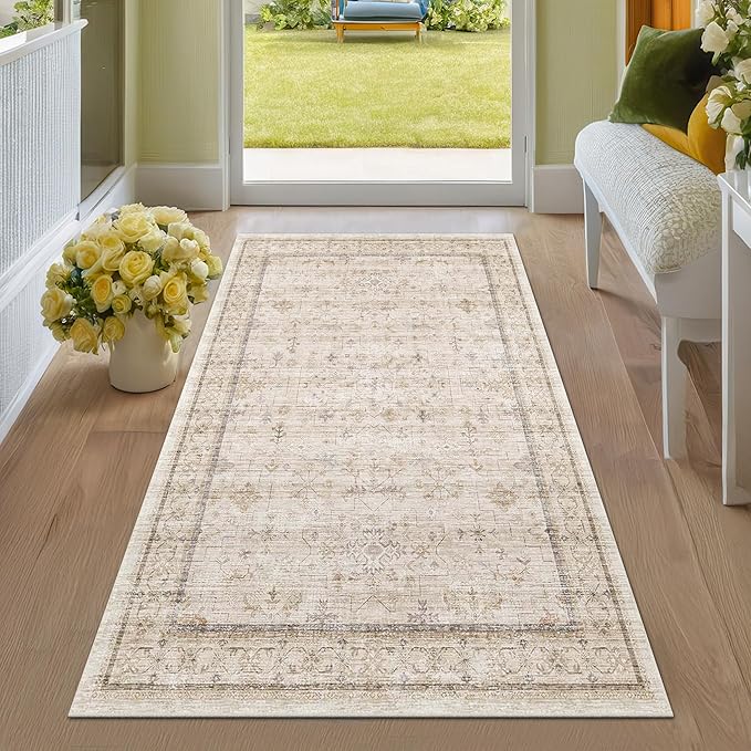 Washable Cream Farmhouse Bathroom Rug, 3x5 Non Slip Area Rugs for Kitchen, Bedroom, Laundry Room, Entryway, Soft Low Pile Neutral Light Beige Décor