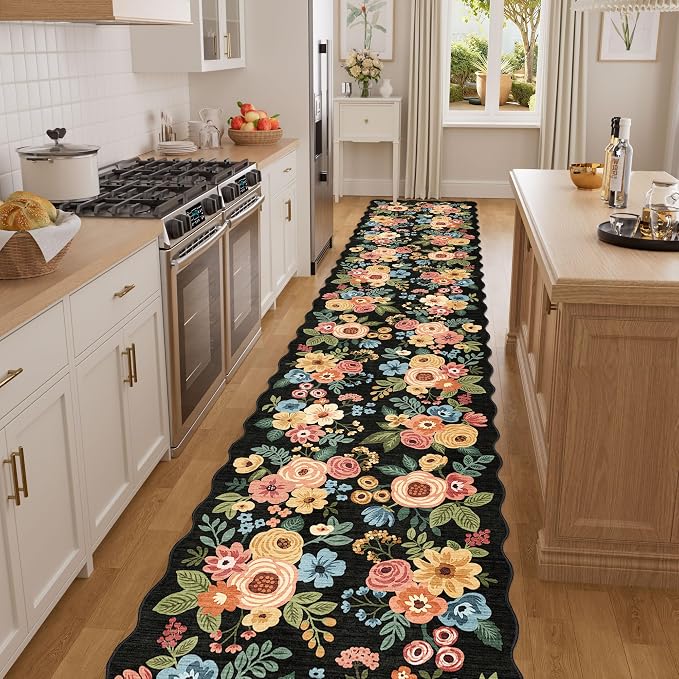 DUKINO 2x14 Hallway Runner Rug, Non Slip Floral Washable Runner Rug for Kitchen, Boho Low Pile Thin Indoor Long Carpet for Hallways, Entryway, Bathroom, Kitchen, Bedroom, Black