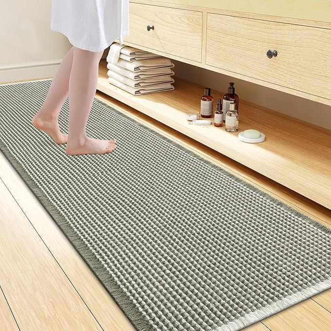 Smiry Waffle Bath Mat 72x24, Extra Soft Absorbent Bathroom Rugs, Non Slip Machine Washable Quick Dry Bath Rugs for Bathroom Floor, Tub, Shower, Home Decor Accessories, Green & Cream