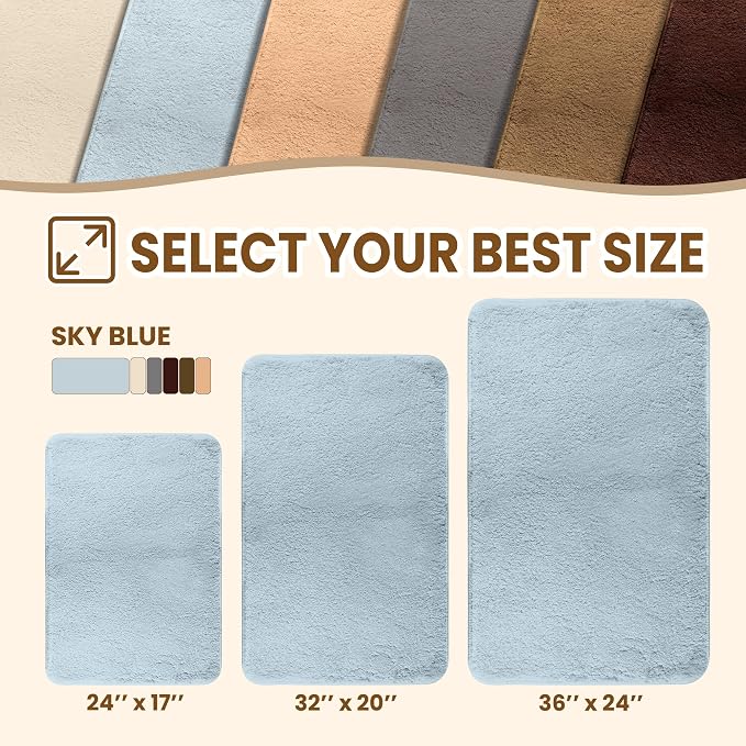 TECHMILLY Fluffy Tufting Bathroom Rug Mat 36x24, Absorbent Thick Non Slip Microfiber Mats, Quick Dry Machine Washable Bath Rug for Bathroom Floor, Bathtub and Shower, Sky Blue