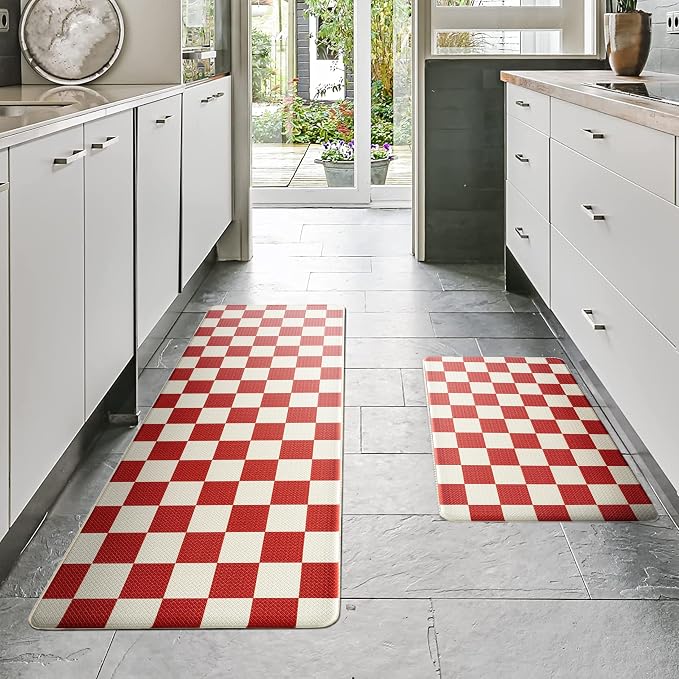 Beige Red Checkered Grid Checkerboard Kitchen Rug Sets [2 PCs], Anti-Fatigue, Waterproof Non-Slip Kitchen Mats Heavy Duty Comfort Foam Rug for Kitchen, Floor, Home, Laundry,17"x29"+17"x47"