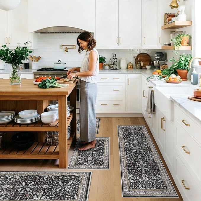 Kitchen Rug Sets 4-Piece with Runner – Washable Non-Slip Floor Mats for Sink, Entryway, Hallway, Bathroom – Soft Low-Pile Thin Boho Floral Rugs, New Home Decor (Black, 2x3+2x4+2x5+2x6)