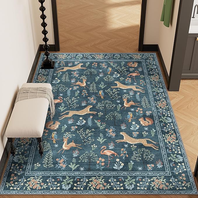 DUKINO 3x5 Rug, Washable Animal Area Rug with Non Slip Vintage Design, Indoor Soft Low Pile Carpet for Bedroom, Nursery, Dining Room, Farmhouse, Playroom, Blue